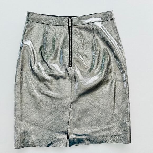 Milly Silver Midi Leather Skirt Size 4 Crinkle Print Knee Length Pencil Business - Picture 4 of 7